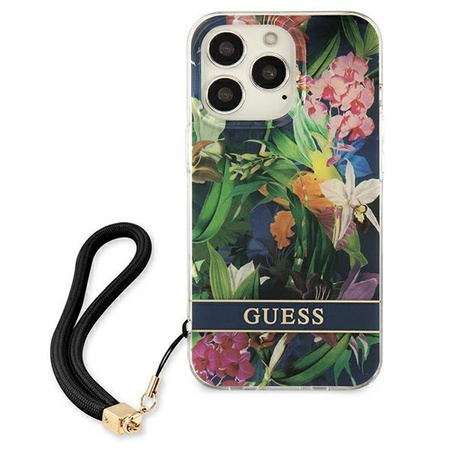 Guess Flower Cord - Tasche mit Schlüsselband iPhone 13 Pro Max (Blau)