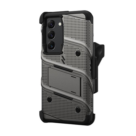 ZIZO BOLT sorozat - Samsung Galaxy S23 páncélozott tok 9H üveggel a képernyőhöz + tartó állvánnyal (szürke)