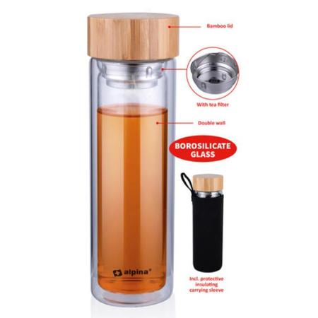 GLASWASSERFLASCHE MIT BPA-FREIEM FILTER, für Tee, Etui, Alpina, 450ml