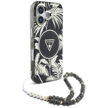Guess Palm Trees Triangle Pearl Strap MagSafe - Hülle für iPhone 16 (schwarz)