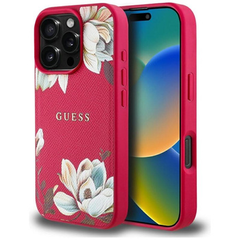 Guess Grained Printed Flower Pattern MagSafe - Pouzdro pro iPhone 16 Pro Max (fuchsiový)