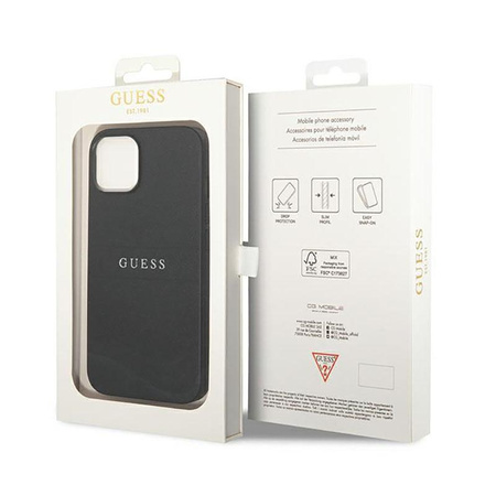 Guess Saffiano Metal Logo Stripes - Étui pour iPhone 14 (noir)