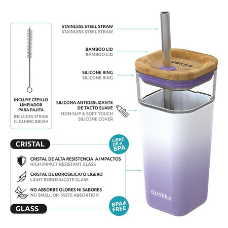 KUBEK SZKLANY ZE SŁOMKĄ BPA FREE, z Pokrywką, na Napoje, z Rurką, 540 ml