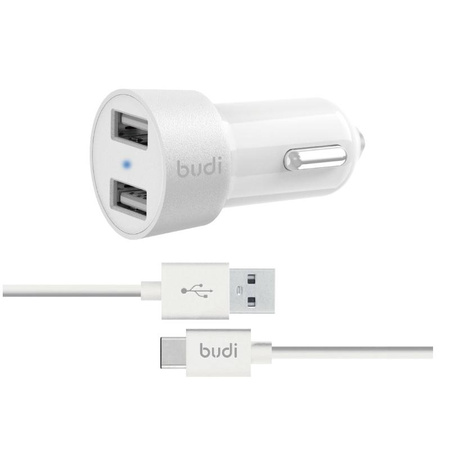 Budi - Autótöltő 2x USB, 24W + USB-C kábel 1,2 m (fehér)