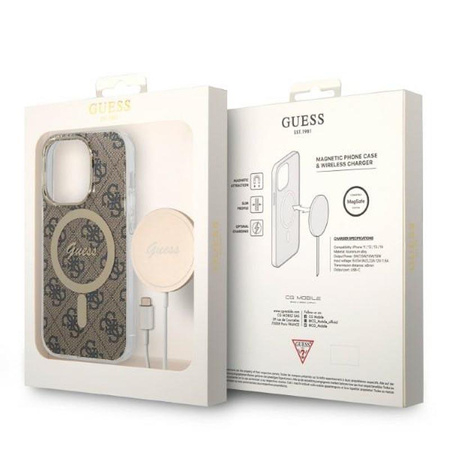 Guess Bundle Pack MagSafe 4G - MagSafe iPhone 14 Pro Max Tasche + Ladegerät-Set (braun/gold)