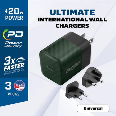 Energizer Ultimate - Multiplug EU / UK / US GaN 20W PD mains charger (Green)
