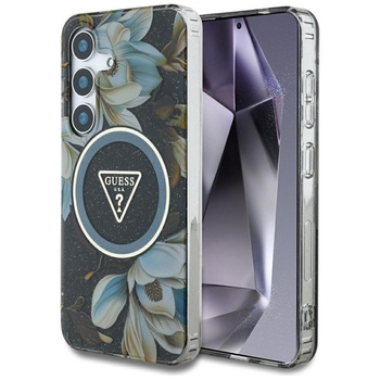 Guess Glitter Flowers Triangle Buttons MagSafe - pouzdro pro Samsung Galaxy S25 (černé)