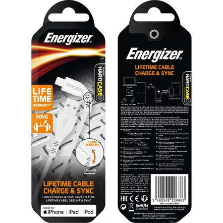 Energizer HardCase - USB-A to Lightning connection cable MFi certified 1.2m (White)