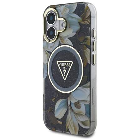 Guess Glitter Flowers Triangle Buttons MagSafe - Hülle für iPhone 16 (schwarz)