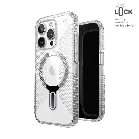 Speck Presidio Perfect-Clear Grip ClickLock & Magsafe - iPhone 15 Pro Fall (Clear / Chrom-Finish / Serene Silber)