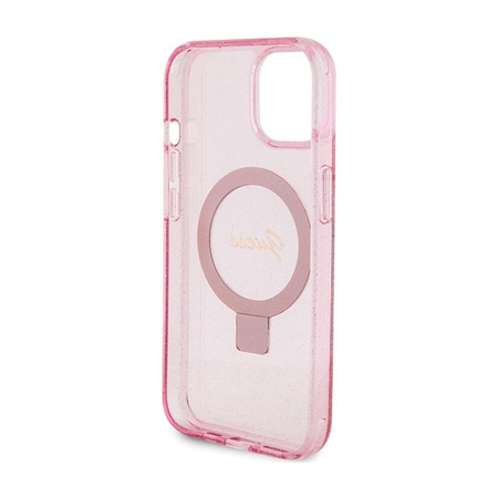 Guess Ring Stand Script Glitter MagSafe - iPhone 15 Plus tok (rózsaszín)