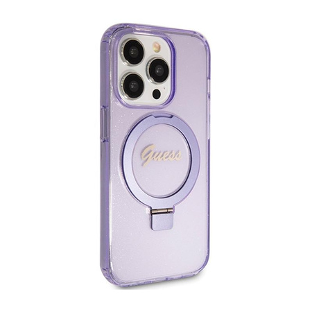 Guess Ring Stand Script Glitter MagSafe - iPhone 15 Pro Tasche (lila)