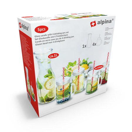 Alpina - set of glass beverage jars with straws 4 pcs. with a 1 L carafe