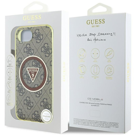 Guess IML Metal Glitter 4G Circle Triangle MagSafe - pouzdro pro iPhone 16e (hnědé)