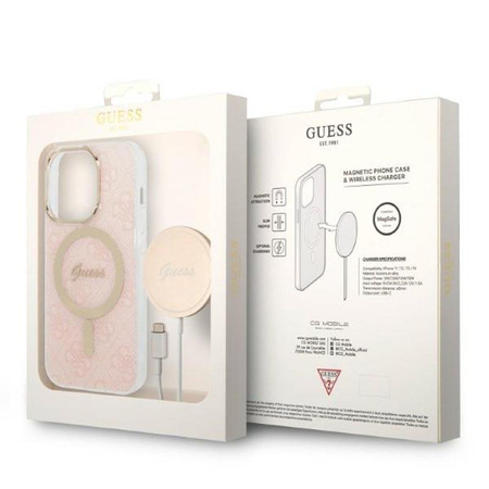 Guess Bundle Pack MagSafe 4G - MagSafe iPhone 14 Pro tok + töltő készlet (rózsaszín/arany)