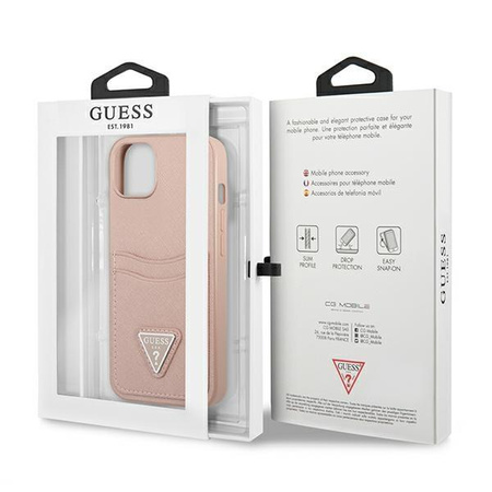 Guess Saffiano Double Card Triangle - pouzdro pro iPhone 13 mini (růžové)