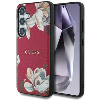 Guess Grained Printed Flower Pattern MagSafe - pouzdro pro Samsung Galaxy S25 (fuchsiová)