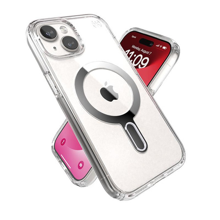 Speck Presidio Perfect-Clear ClickLock & Magsafe - iPhone 15 Case (Transparent / Finition chromée / Argent Serein)