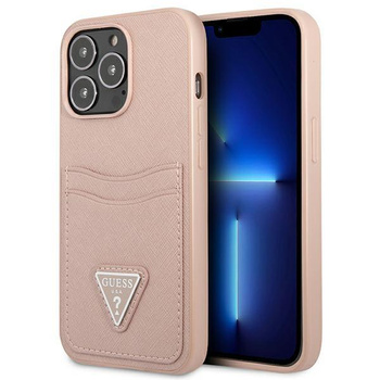 Pouzdro Guess Saffiano Double Card Triangle - iPhone 13 Pro (růžové)
