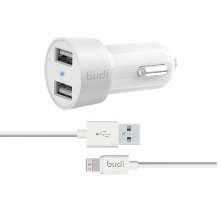 Budi - Chargeur de voiture 2x USB, 24W + câble Lightning 1,2 m (Blanc)