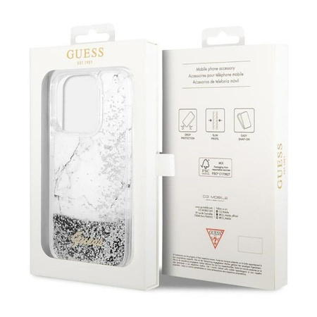 Guess Liquid Glitter Marble - pouzdro pro iPhone 14 Pro (bílé)