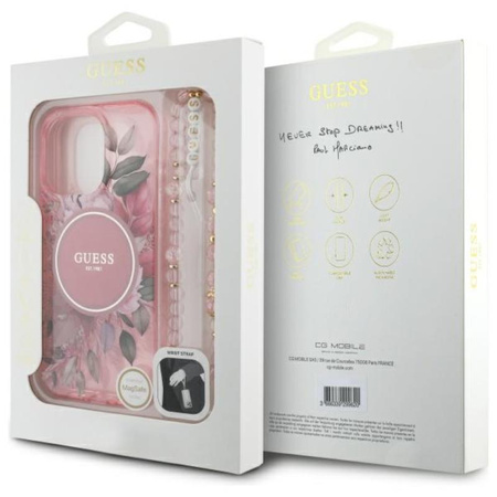 Guess IML Flowers With Pearl Strap MagSafe - Hülle iPhone 16 Pro Max (Rosa)