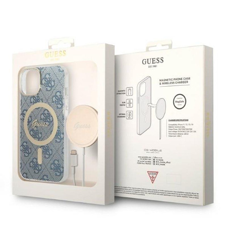 Guess Bundle Pack MagSafe 4G - pouzdro MagSafe pro iPhone 14 + sada nabíječky (modrá/zlatá)