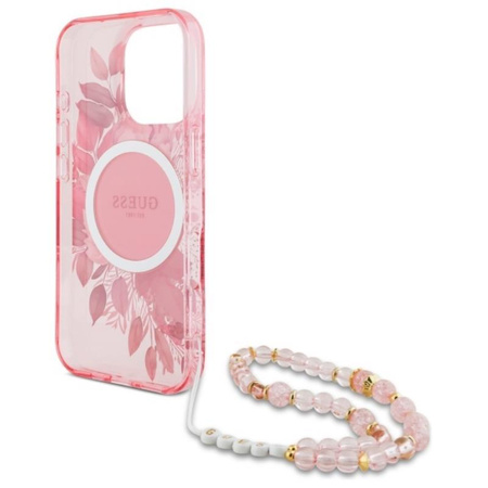 Guess IML Flowers With Pearl Strap MagSafe - pouzdro pro iPhone 16 Pro Max (růžové)