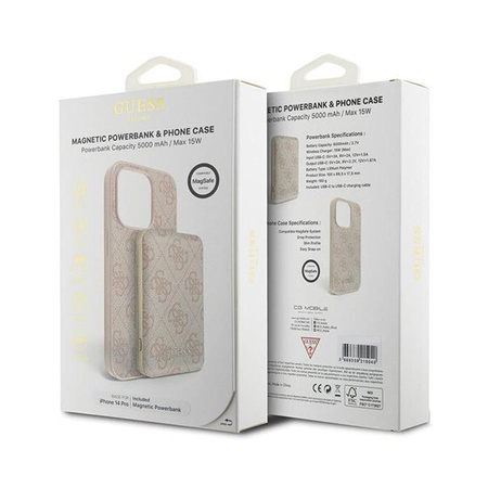 Guess Bundle Pack MagSafe 4G Metal Gold Logo - Case Set + Power Bank 5000mAh MagSafe iPhone 14 Pro (pink)