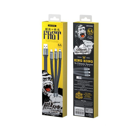 WEKOME WDC-157 King Kong 2. Generation - 3-in-1 USB-A zu Lightning + USB-C + Micro USB 6A Schnellladeanschlusskabel 1,3 m (Schwarz)