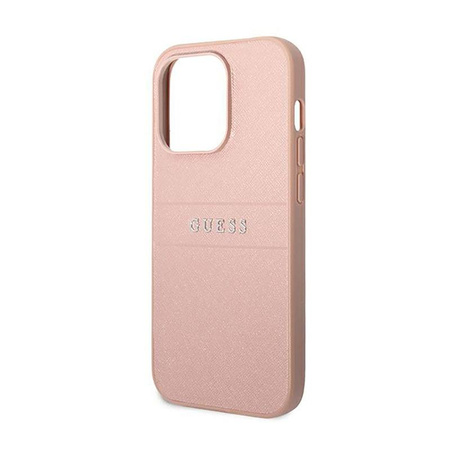 Guess Saffiano fém logós csíkok - iPhone 14 Pro Max tok (rózsaszín)