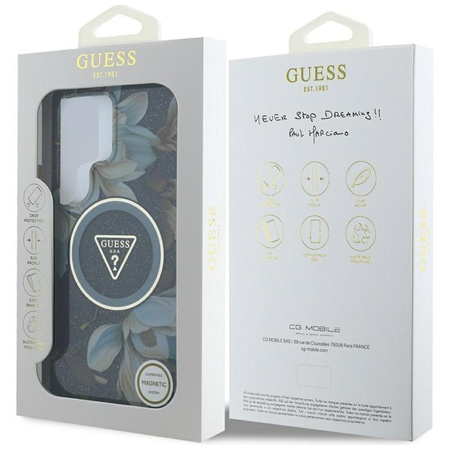 Guess Glitter Flowers Triangle Buttons MagSafe - Tasche für Samsung Galaxy S25 Ultra (schwarz)