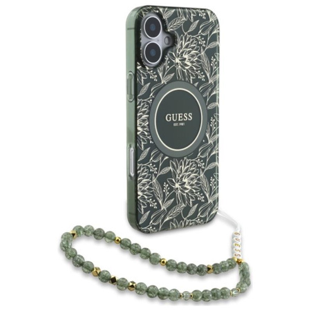 Guess IML Flowers Allover Electro With Pearl Strap MagSafe - iPhone 16 Plus Case (green)