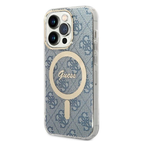 Guess Bundle Pack MagSafe 4G - pouzdro MagSafe pro iPhone 14 Pro Max + sada nabíječky (modrá/zlatá)