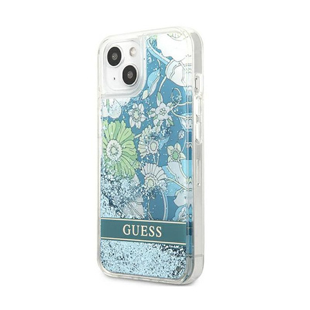 Guess Liquid Glitter Flower - étui pour iPhone 13 mini (bleu/vert)