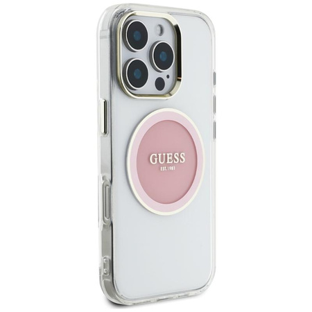 Guess IML Metallfarbener Kreis Klassisches Logo MagSafe - Gehäuse für iPhone 16 Pro (rosa)