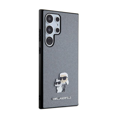 Karl Lagerfeld Saffiano Karl & Choupette fém kitűző - Samsung Galaxy S24 Ultra tok (szürke)