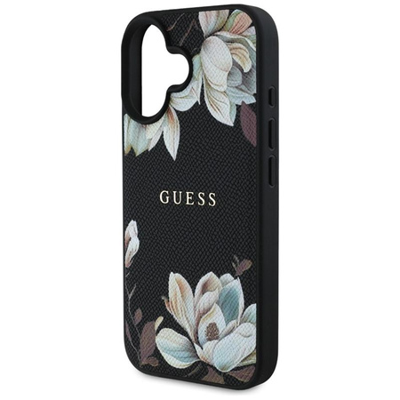 Guess MagSafe - Tasche mit genarbtem Blumenmuster für iPhone 16 (schwarz)
