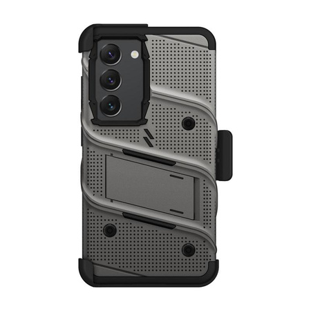 ZIZO BOLT sorozat - Samsung Galaxy S23 páncélozott tok 9H üveggel a képernyőhöz + tartó állvánnyal (szürke)