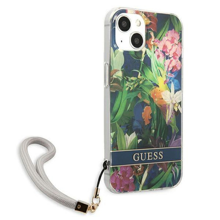 Guess Flower Cord - Case with lanyard iPhone 13 mini (Blue)