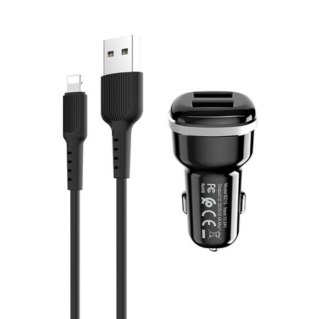 Ładowarka Samochodowa 2x USB Borofone 2.4 A + Kabel Lightning 1m Czarna