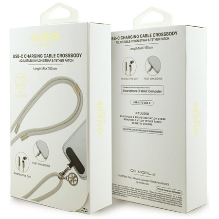 Guess Crossbody Strap 4G Charm - Universal Phone Strap / USB-C to USB-C Cable 1.5m (Beige)