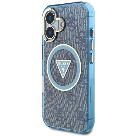 Guess IML Metal Glitter 4G Circle Triangle MagSafe - Coque pour iPhone 16 (bleu)