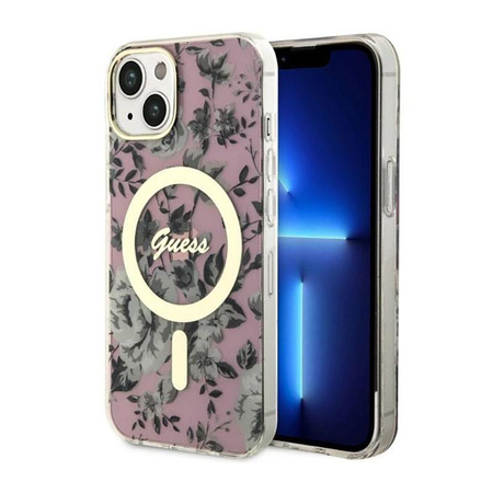 Guess Flower MagSafe - Coque pour iPhone 14 Plus (Rose)