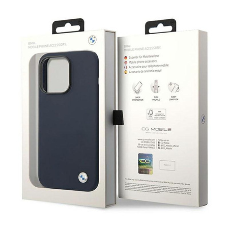 BMW Liquid Silicone Case Metal Logo MagSafe - Coque pour iPhone 14 Pro (Bleu marine)