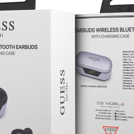 Guess True Wireless Earphones BT5.0 5H - TWS sluchátka + nabíjecí pouzdro (fialové)