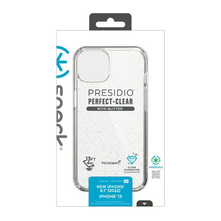 Speck Presidio Perfect-Clear avec paillettes - Coque pour iPhone 14 / iPhone 13 avec revêtement MICROBAN (transparent / paillettes d'or)