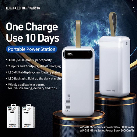WEKOME WP-283 Minre Series - Power bank 50000 mAh Fast Charging 2x USB-A 10W + LED flashlight (White)