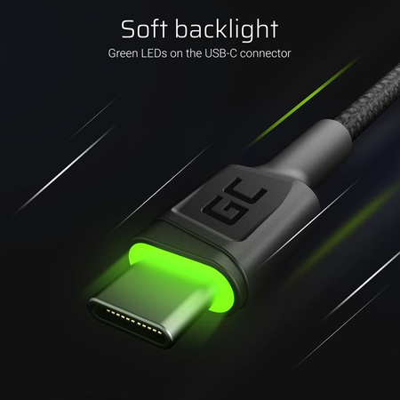 Green Cell Ray - USB kabel - USB-C 200 cm se zeleným LED podsvícením, rychlé nabíjení Ultra Charge, QC 3.0