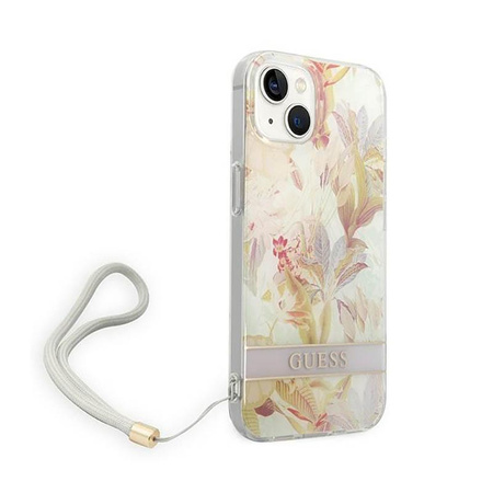 Guess Flower Cord - Case with lanyard iPhone 14 Plus (purple)